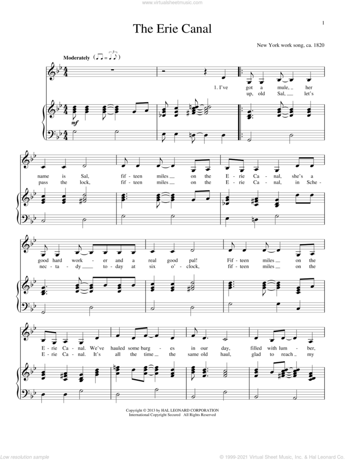 The Erie Canal sheet music for voice and piano, intermediate skill level