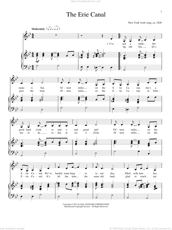 The Erie Canal sheet music for voice and piano, intermediate skill level