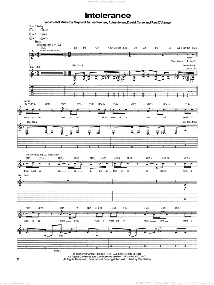 Intolerance sheet music for guitar (tablature) by Tool, intermediate skill level