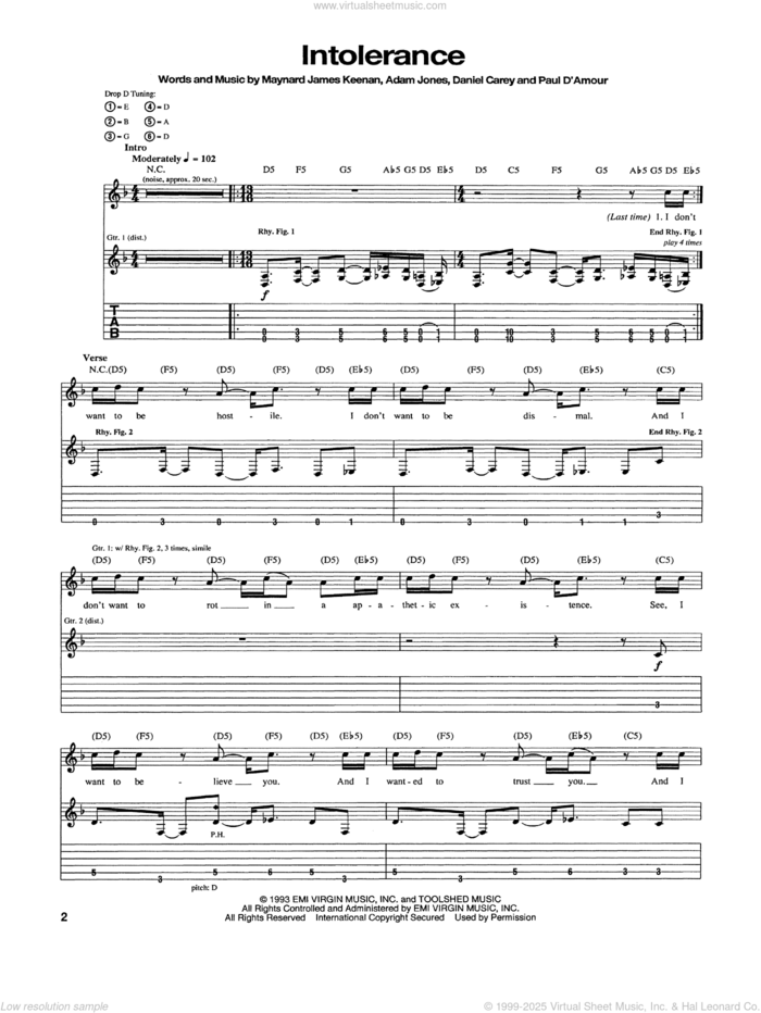 Intolerance sheet music for guitar (tablature) by Tool, intermediate skill level