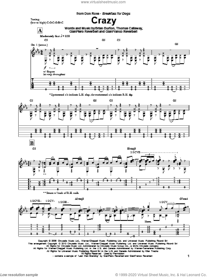 Crazy sheet music for guitar solo by Gnarls Barkley and Don Ross, intermediate skill level