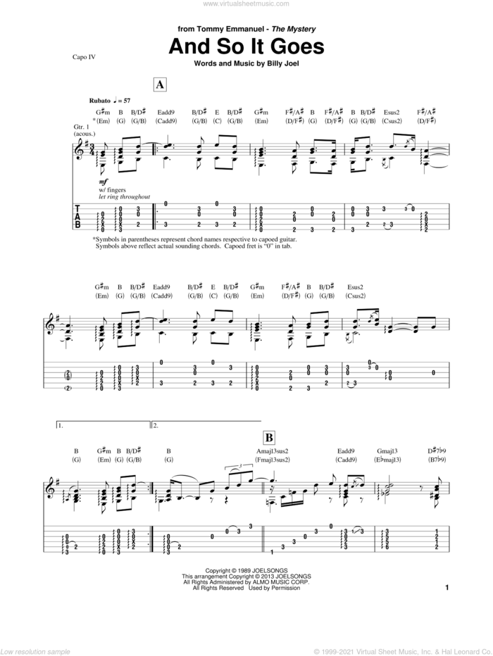 And So It Goes sheet music for guitar solo by Tommy Emmanuel and Billy Joel, intermediate skill level