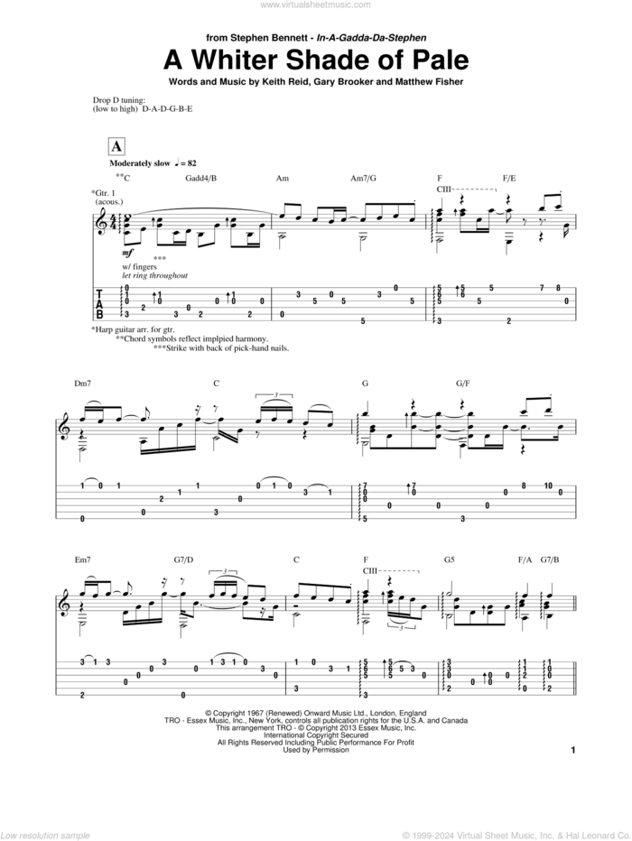 A Whiter Shade Of Pale sheet music for guitar solo by Stephen Bennett and Procol Harum, wedding score, intermediate skill level