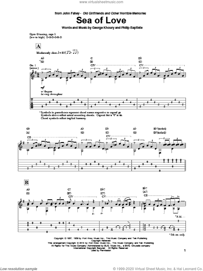 Sea Of Love sheet music for guitar solo by John Fahey, Honeydrippers and Phil Phillips with The Twilights, intermediate skill level