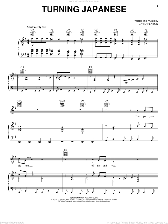 Turning Japanese sheet music for voice, piano or guitar by The Vapors and David Fenton, intermediate skill level