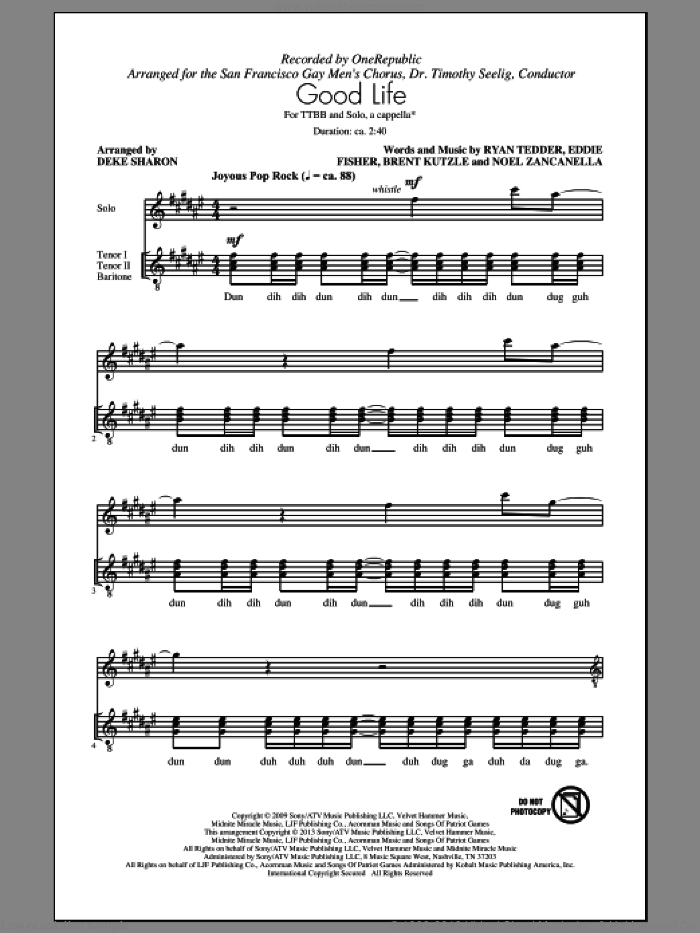 Good Life sheet music for choir (TTBB: tenor, bass) by Deke Sharon and OneRepublic, intermediate skill level
