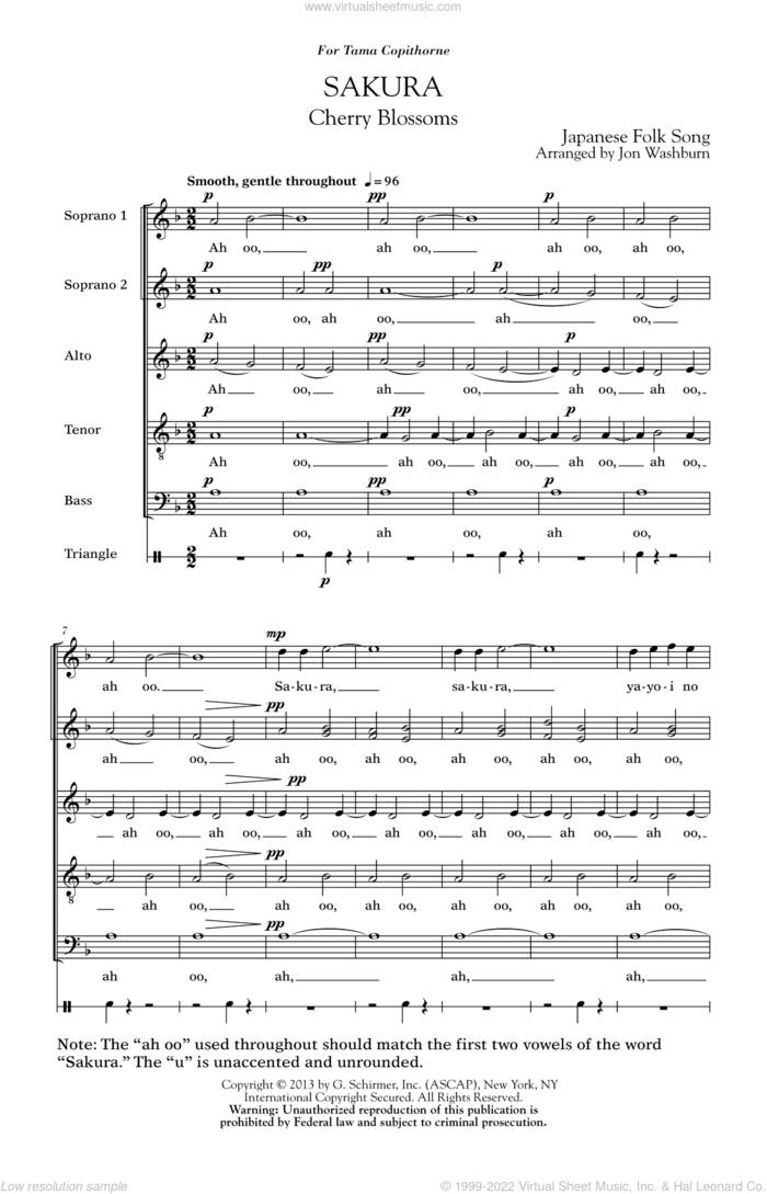 Sakura (Cherry Blossoms) sheet music for choir (SATB: soprano, alto, tenor, bass) by Jon Washburn, intermediate skill level