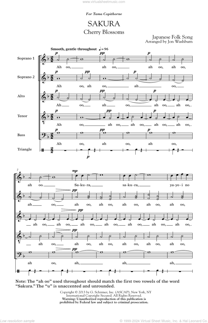 Sakura (Cherry Blossoms) sheet music for choir (SATB: soprano, alto, tenor, bass) by Jon Washburn, intermediate skill level