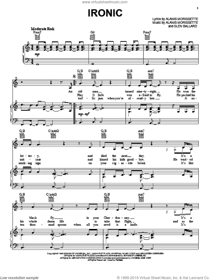 Ironic sheet music for voice, piano or guitar by Alanis Morissette, intermediate skill level