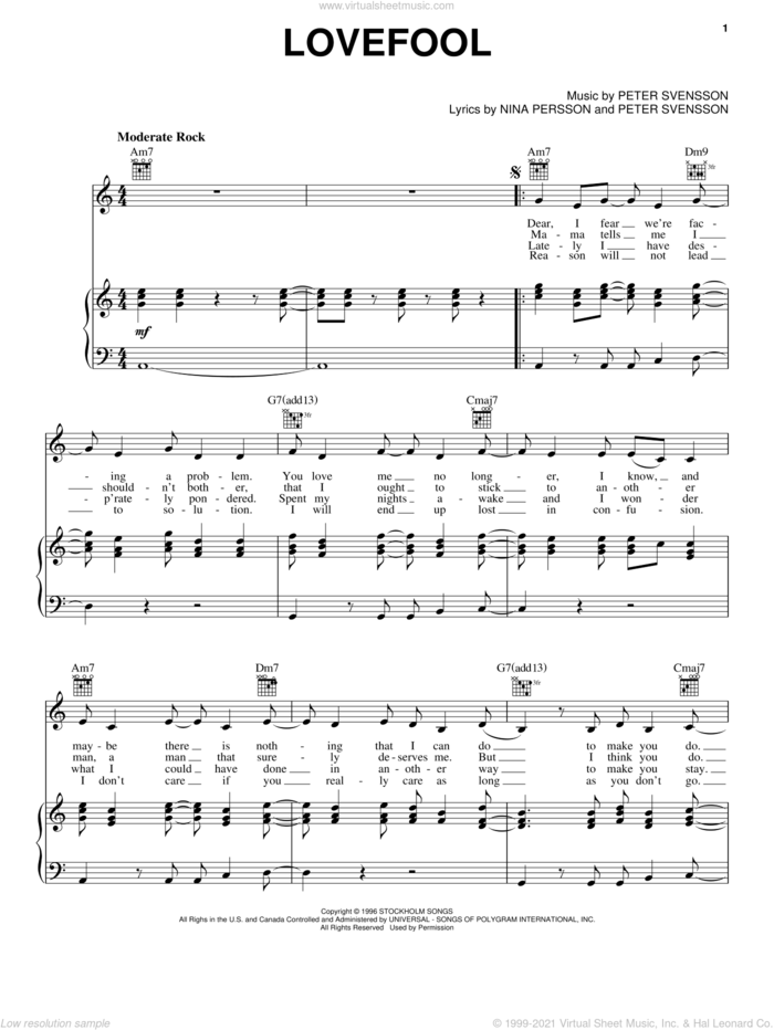Lovefool sheet music for voice, piano or guitar by The Cardigans, intermediate skill level