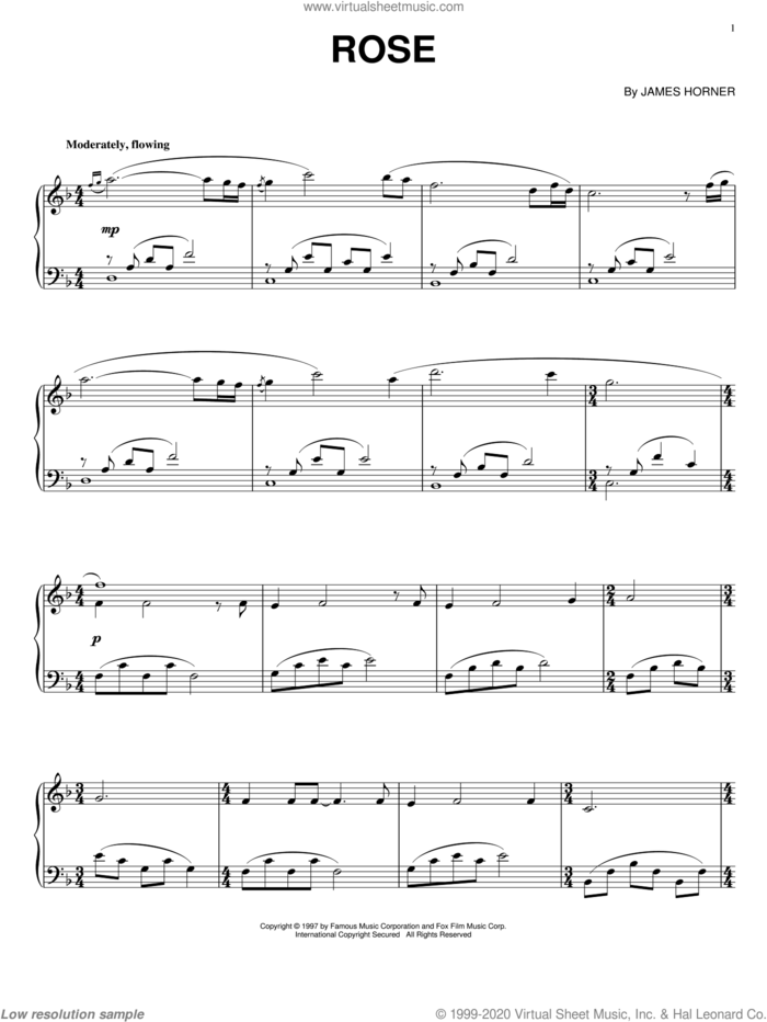 Rose sheet music for piano solo by James Horner, intermediate skill level