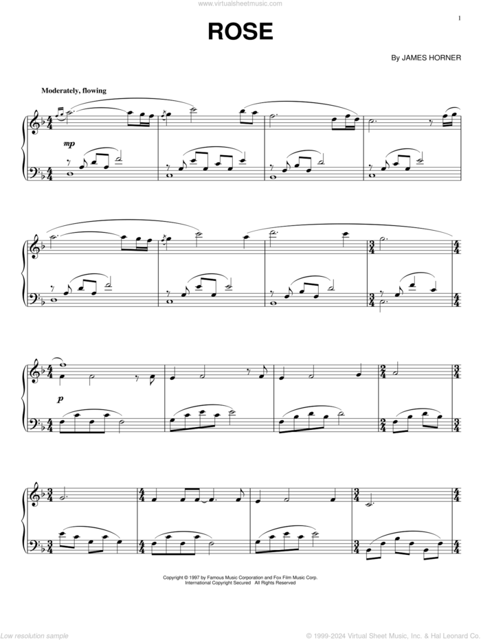 Rose sheet music for piano solo by James Horner, intermediate skill level