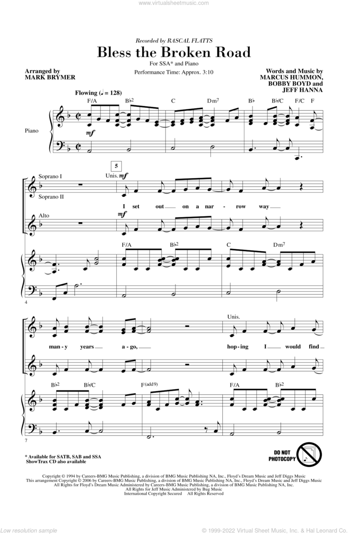 Bless The Broken Road sheet music for choir (SSA: soprano, alto) by Mark Brymer and Rascal Flatts, wedding score, intermediate skill level