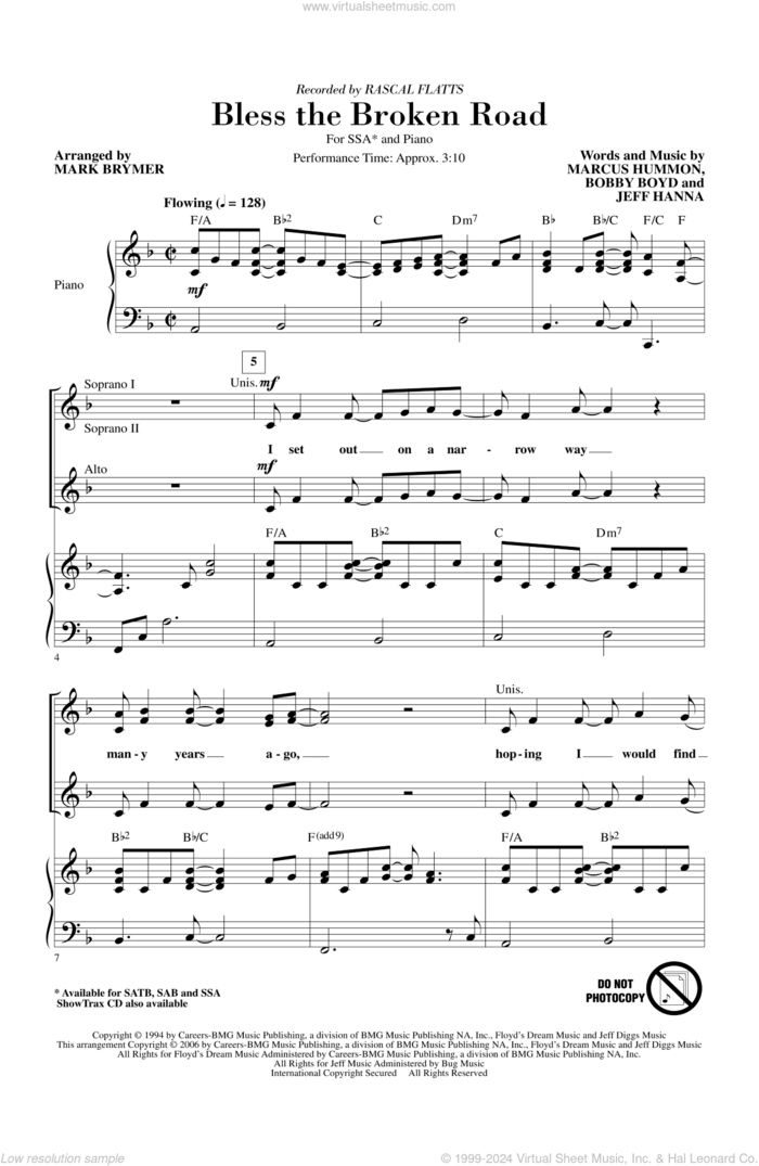 Bless The Broken Road sheet music for choir (SSA: soprano, alto) by Mark Brymer and Rascal Flatts, wedding score, intermediate skill level