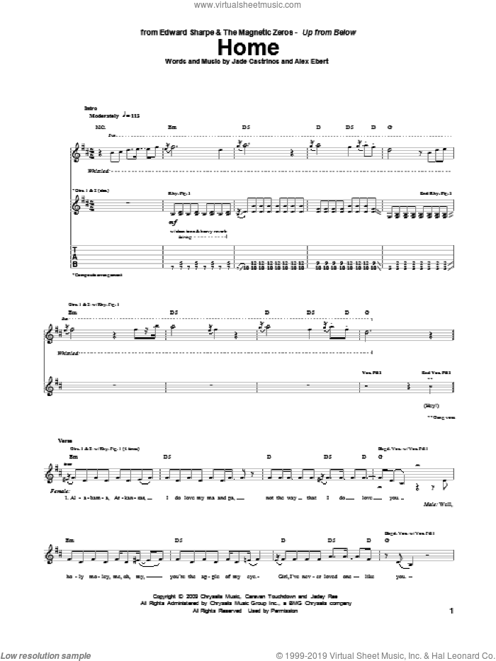 Home sheet music for guitar (tablature) by Edward Sharpe & the Magnetic Zeros, intermediate skill level