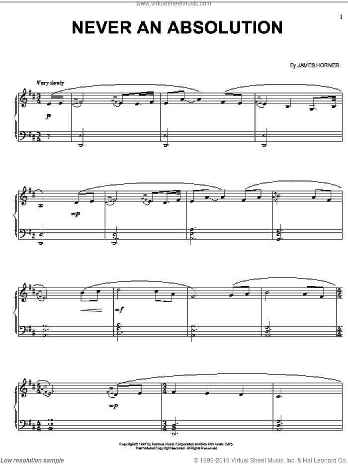 Never An Absolution sheet music for voice, piano or guitar by James Horner, intermediate skill level