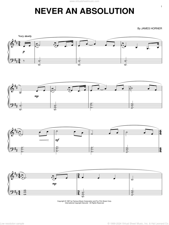 Never An Absolution sheet music for voice, piano or guitar by James Horner, intermediate skill level