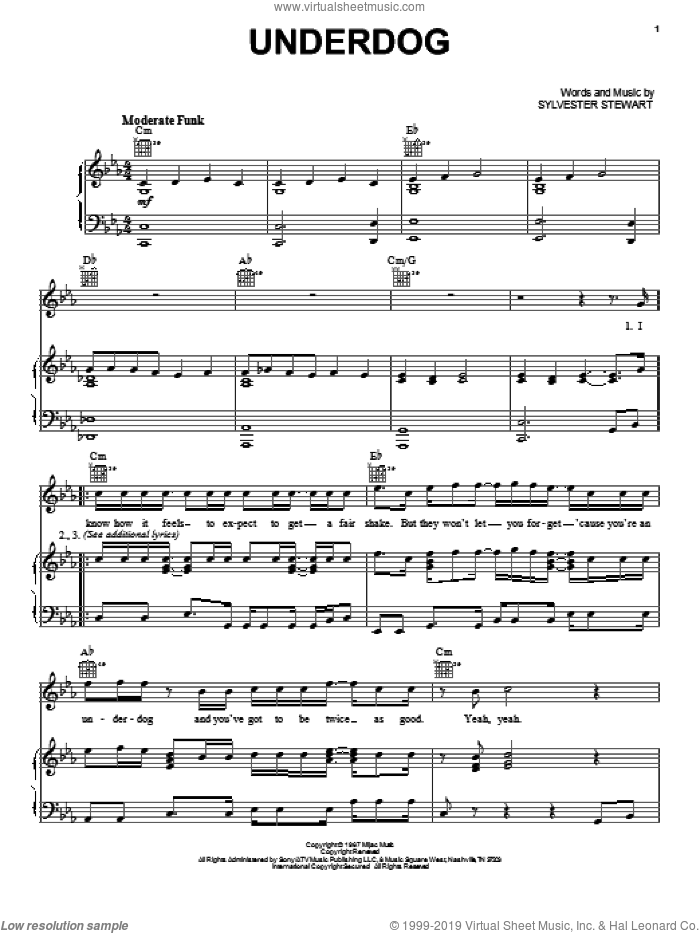 Underdog sheet music for voice, piano or guitar by Sly And The Family Stone, Sly & The Family Stone and Sylvester Stewart, intermediate skill level
