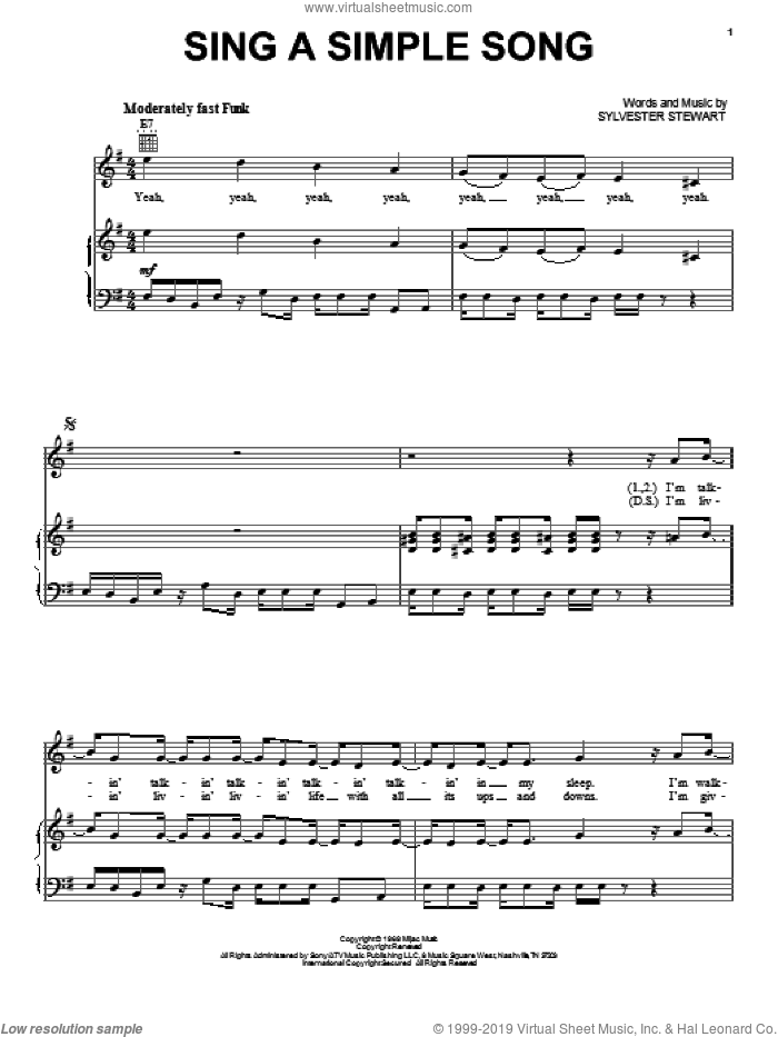 Sing A Simple Song sheet music for voice, piano or guitar by Sly And The Family Stone and Sylvester Stewart, intermediate skill level
