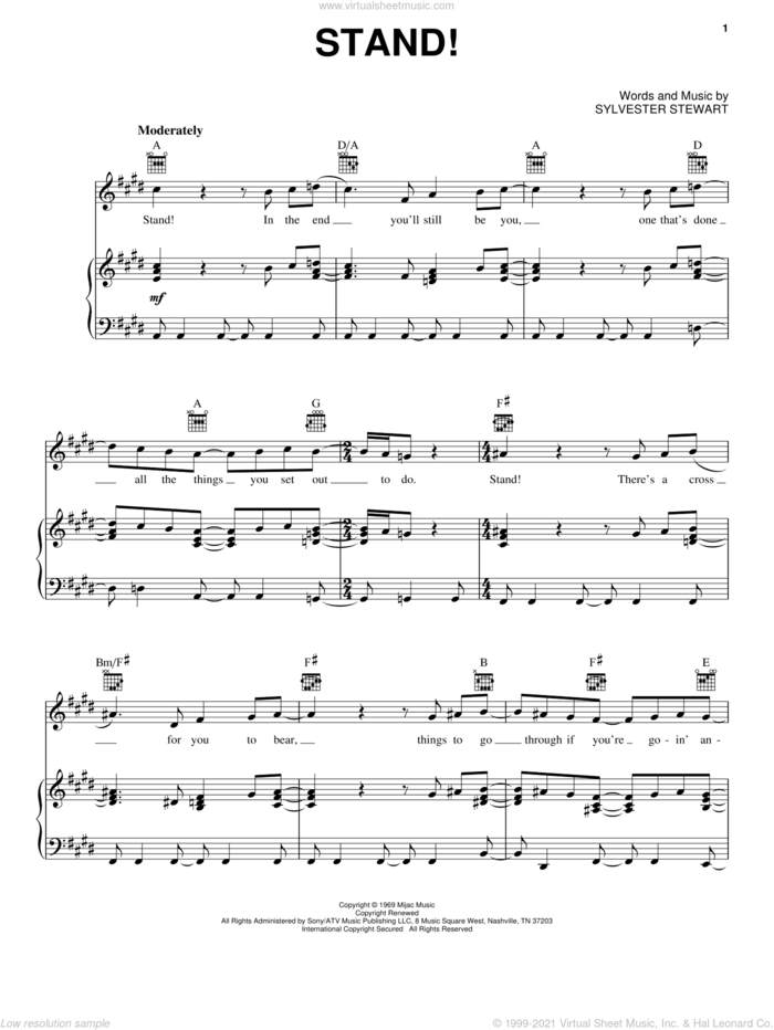 Stand! sheet music for voice, piano or guitar by Sly And The Family Stone and Sylvester Stewart, intermediate skill level