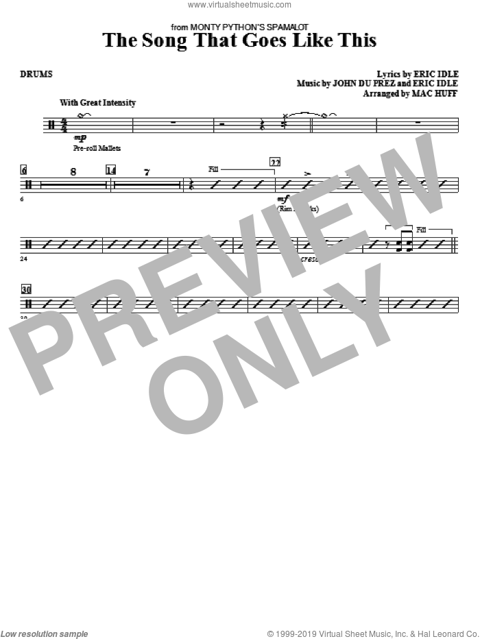 The Song That Goes like This sheet music for orchestra/band (drums) by Mac Huff, Eric Idle and John Du Prez, intermediate skill level