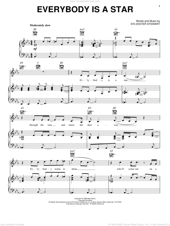 Everybody Is A Star sheet music for voice, piano or guitar by Sly And The Family Stone and Sylvester Stewart, intermediate skill level