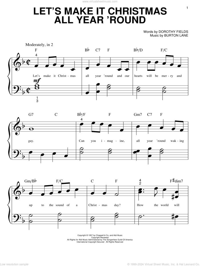 Let's Make It Christmas All Year 'Round sheet music for piano solo (big note book) by Burton Lane and Dorothy Fields, easy piano (big note book)