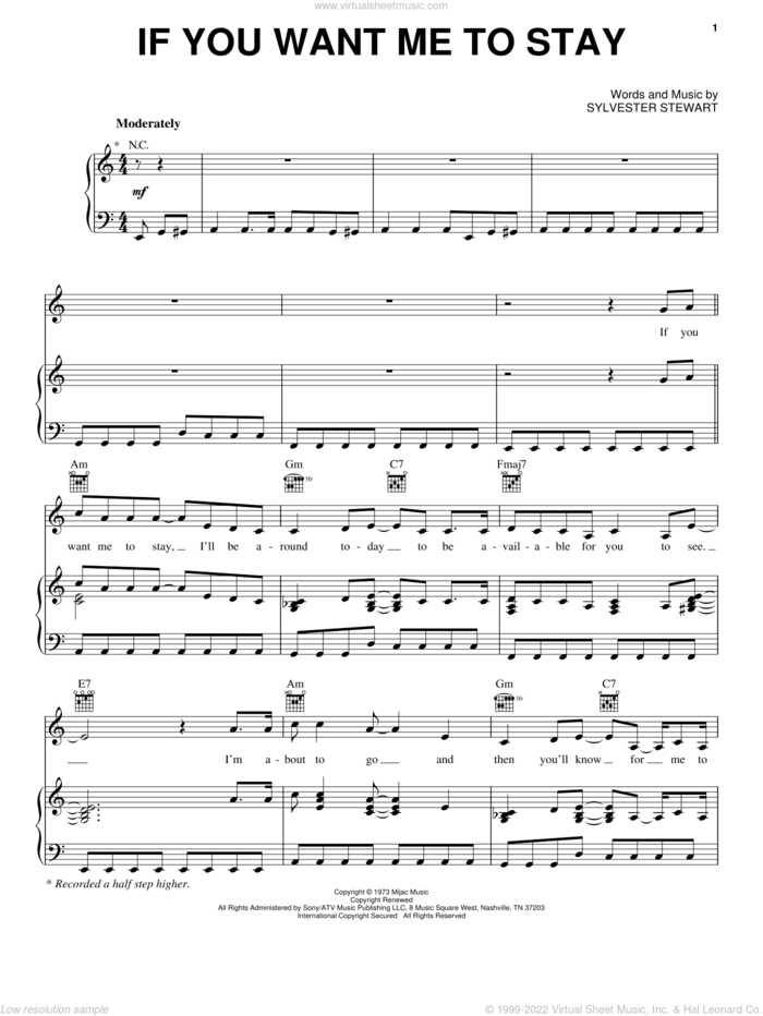 If You Want Me To Stay sheet music for voice, piano or guitar by Sly And The Family Stone and Sly & The Family Stone, intermediate skill level