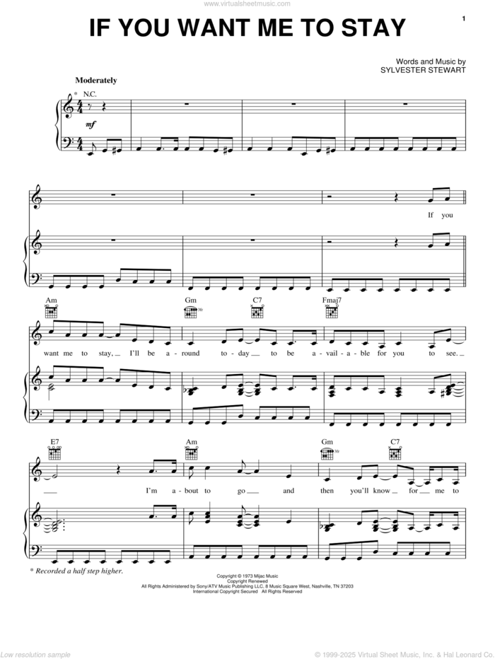 If You Want Me To Stay sheet music for voice, piano or guitar by Sly And The Family Stone and Sly & The Family Stone, intermediate skill level