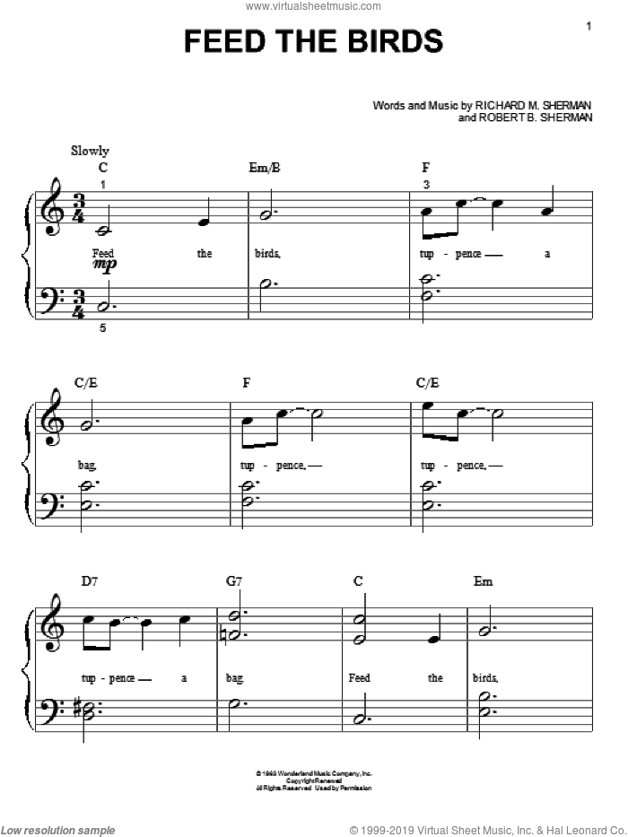 Feed The Birds (Tuppence A Bag) (from Mary Poppins) sheet music for piano solo (big note book) by Richard M. Sherman, Mary Poppins (Movie) and Robert B. Sherman, easy piano (big note book)