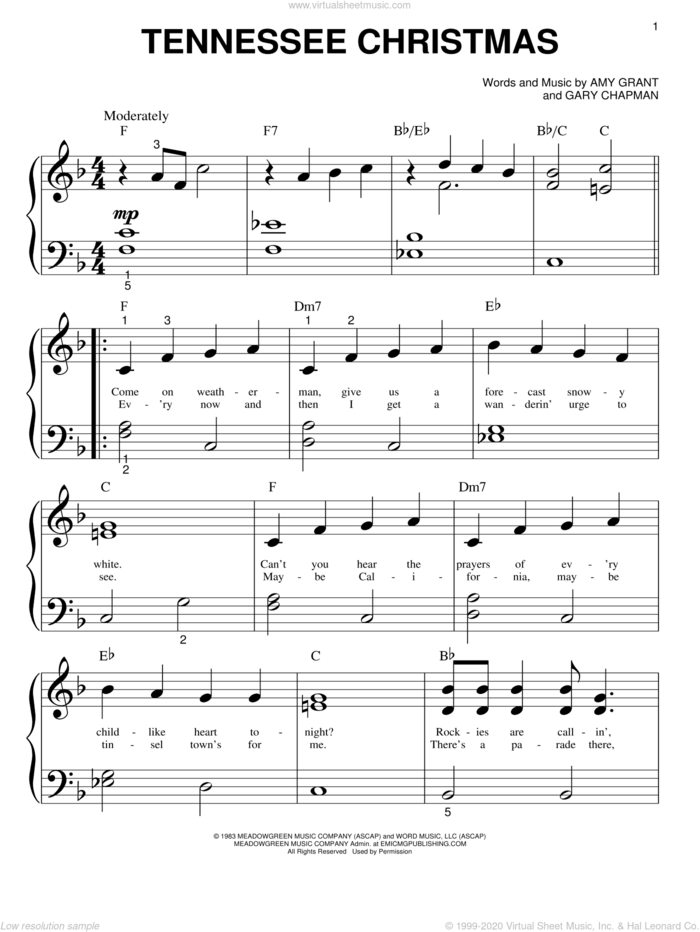 Tennessee Christmas sheet music for piano solo (big note book) by Amy Grant and Gary Chapman, easy piano (big note book)