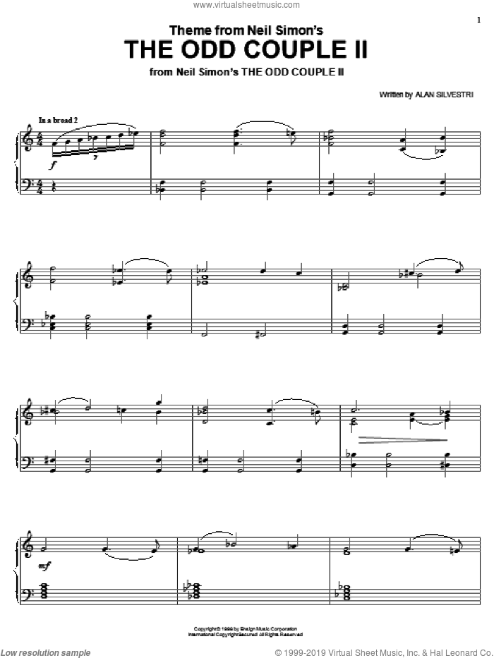 Theme from Neil Simon's The Odd Couple II sheet music for piano solo by Alan Silvestri, intermediate skill level
