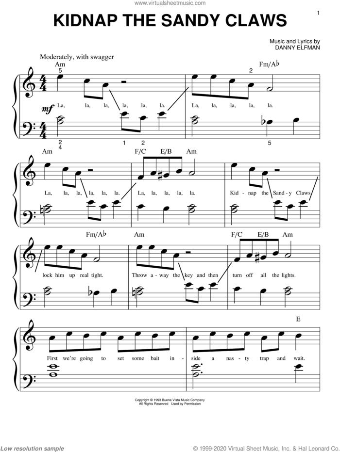 Kidnap The Sandy Claws (from The Nightmare Before Christmas) sheet music for piano solo (big note book) by Danny Elfman and Nightmare Before Christmas (Movie), easy piano (big note book)