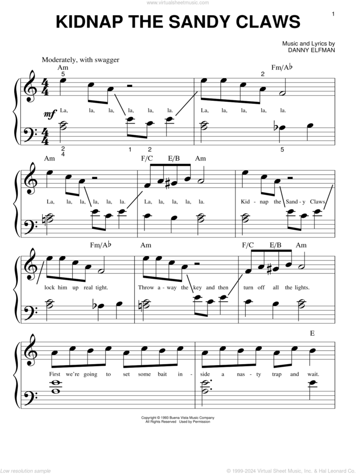 Kidnap The Sandy Claws (from The Nightmare Before Christmas) sheet music for piano solo (big note book) by Danny Elfman and Nightmare Before Christmas (Movie), easy piano (big note book)