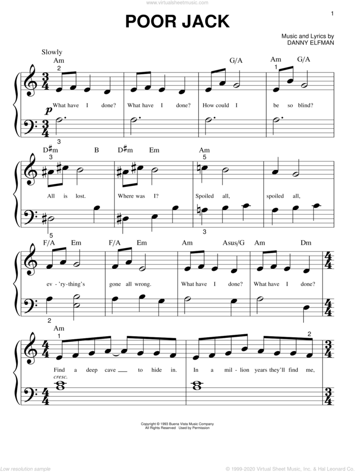 Poor Jack (from The Nightmare Before Christmas) sheet music for piano solo (big note book) by Danny Elfman and Nightmare Before Christmas (Movie), easy piano (big note book)