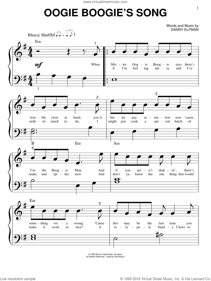 Oogie Boogie's Song (from The Nightmare Before Christmas) sheet music for piano solo (big note book) by Danny Elfman and Nightmare Before Christmas (Movie), easy piano (big note book)