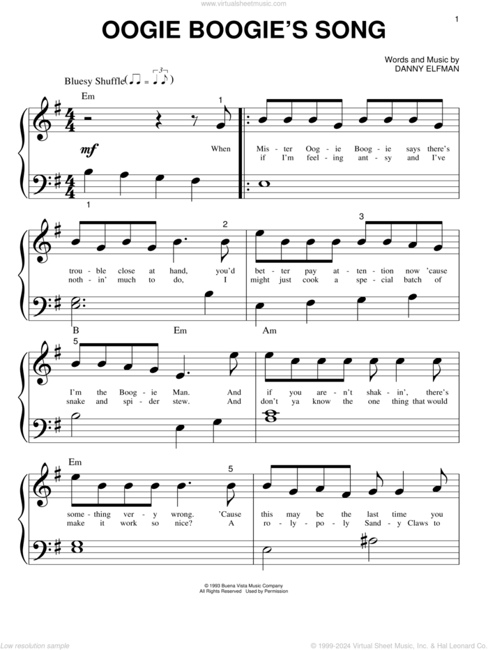 Oogie Boogie's Song (from The Nightmare Before Christmas) sheet music for piano solo (big note book) by Danny Elfman and Nightmare Before Christmas (Movie), easy piano (big note book)