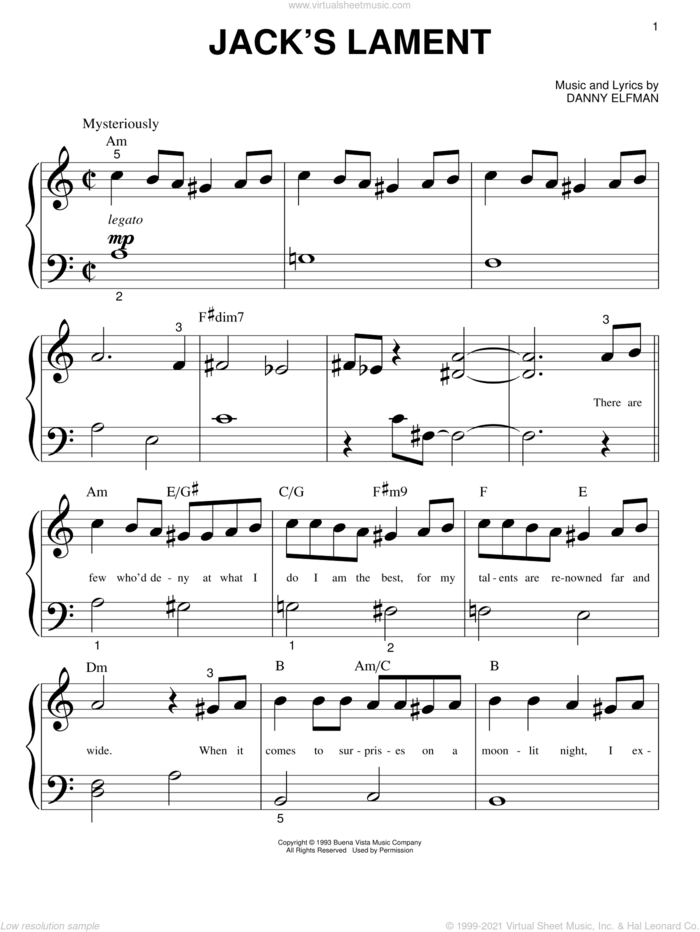 Jack's Lament (from The Nightmare Before Christmas) sheet music for piano solo (big note book) by Danny Elfman and Nightmare Before Christmas (Movie), easy piano (big note book)