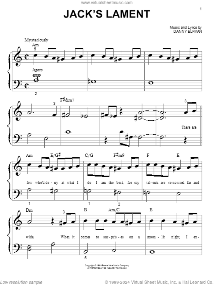 Jack's Lament (from The Nightmare Before Christmas) sheet music for piano solo (big note book) by Danny Elfman and Nightmare Before Christmas (Movie), easy piano (big note book)