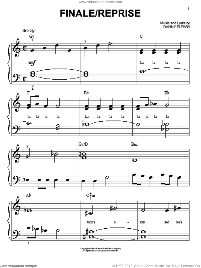 Finale/Reprise (from The Nightmare Before Christmas) sheet music for piano solo (big note book) by Danny Elfman and Nightmare Before Christmas (Movie), easy piano (big note book)