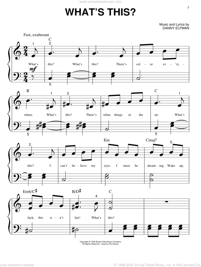 What's This? (from The Nightmare Before Christmas) sheet music for piano solo (big note book) by Danny Elfman and Nightmare Before Christmas (Movie), easy piano (big note book)