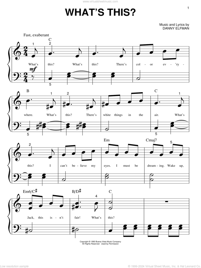 What's This? (from The Nightmare Before Christmas) sheet music for piano solo (big note book) by Danny Elfman and Nightmare Before Christmas (Movie), easy piano (big note book)