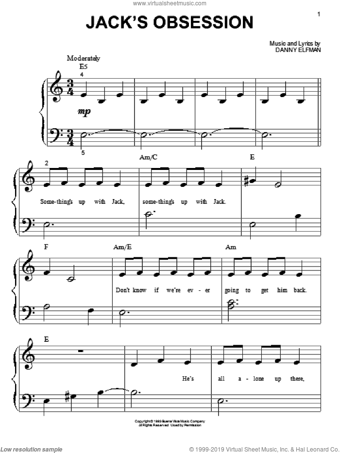 Jack's Obsession (from The Nightmare Before Christmas) sheet music for piano solo (big note book) by Danny Elfman and Nightmare Before Christmas (Movie), easy piano (big note book)