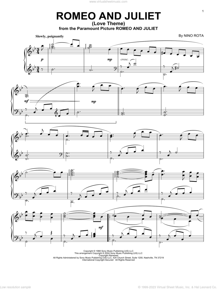 Romeo And Juliet (Love Theme) sheet music for piano solo by Nino Rota, intermediate skill level