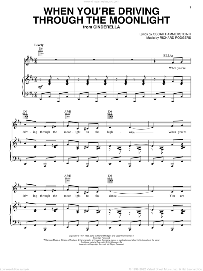 When You're Driving Through The Moonlight (from Cinderella) sheet music for voice, piano or guitar by Rodgers & Hammerstein, Cinderella (Broadway), Oscar II Hammerstein and Richard Rodgers, intermediate skill level