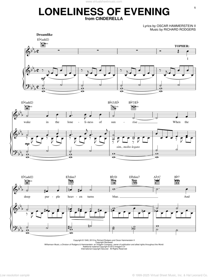 Loneliness Of Evening (from Cinderella) sheet music for voice, piano or guitar by Rodgers & Hammerstein, Cinderella (Broadway), Oscar II Hammerstein and Richard Rodgers, intermediate skill level