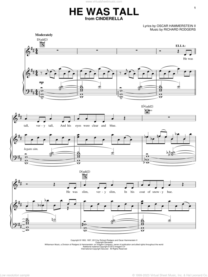 He Was Tall (from Cinderella) sheet music for voice, piano or guitar by Rodgers & Hammerstein, Cinderella (Broadway), Oscar II Hammerstein and Richard Rodgers, intermediate skill level