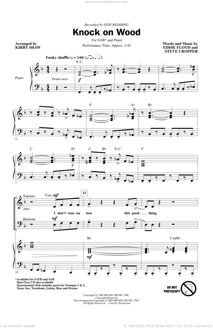 Knock On Wood sheet music for choir (SAB: soprano, alto, bass) by Kirby Shaw, Eddie Floyd and Otis Redding, intermediate skill level