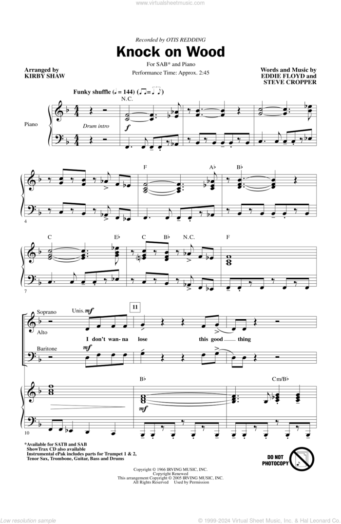 Knock On Wood sheet music for choir (SAB: soprano, alto, bass) by Kirby Shaw, Eddie Floyd and Otis Redding, intermediate skill level