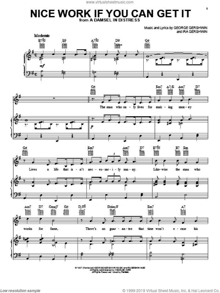 Nice Work If You Can Get It sheet music for voice, piano or guitar by George Gershwin, Frank Sinatra and Ira Gershwin, intermediate skill level